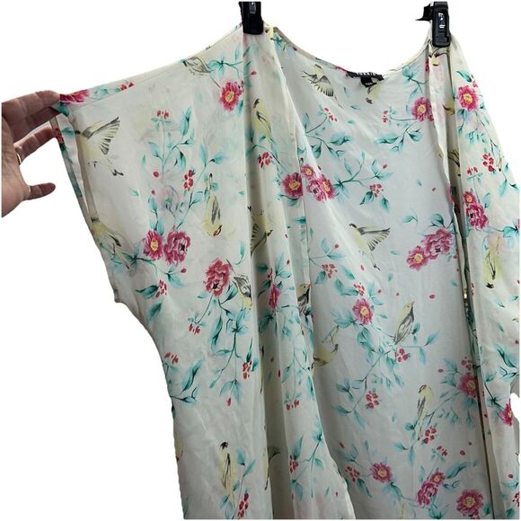TORRID Plus Size 2X 3X Cardigan Top Ivory Pink Green Floral Birds Short Sleeve - Picture 2 of 8